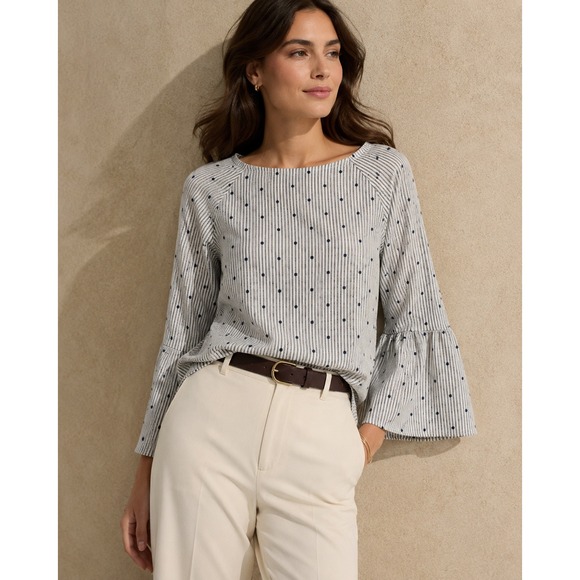 Banana Republic Tops - Banana Republic Striped Polka Dot Bell Sleeve Blouse Boat Neck Blue White- Small